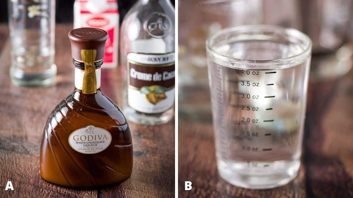 Left - white chocolate liqueur, creme de cacao, vanilla vodka and light cream. Right - vanilla vodka measured out