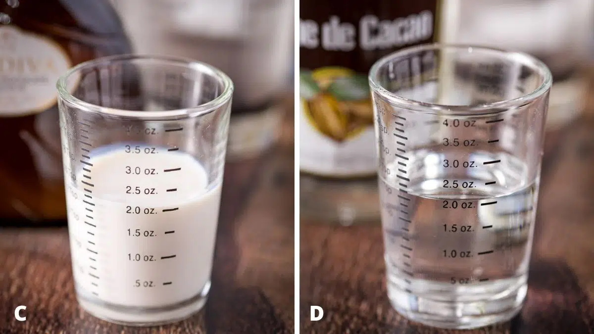 White chocolate liqueur and creme de cacao measured out