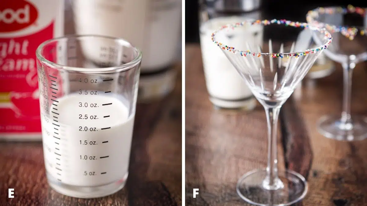 Cream measured out with a martini glass garnished with colorful balls