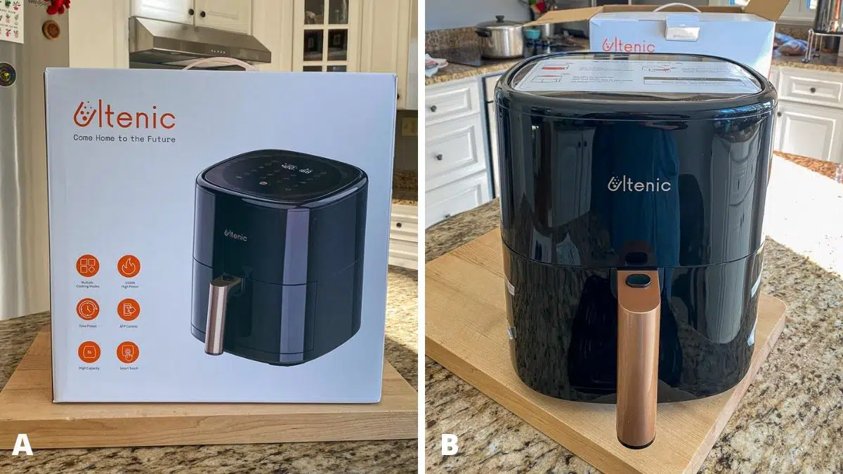 Left - Ultenic box of an air fryer. Right - air fryer out of the box