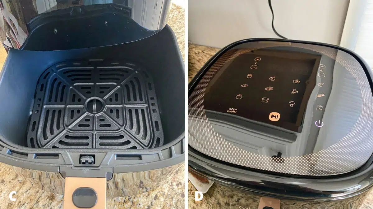 Left - inside of the basket air fryer. Right - Top of the air fryer