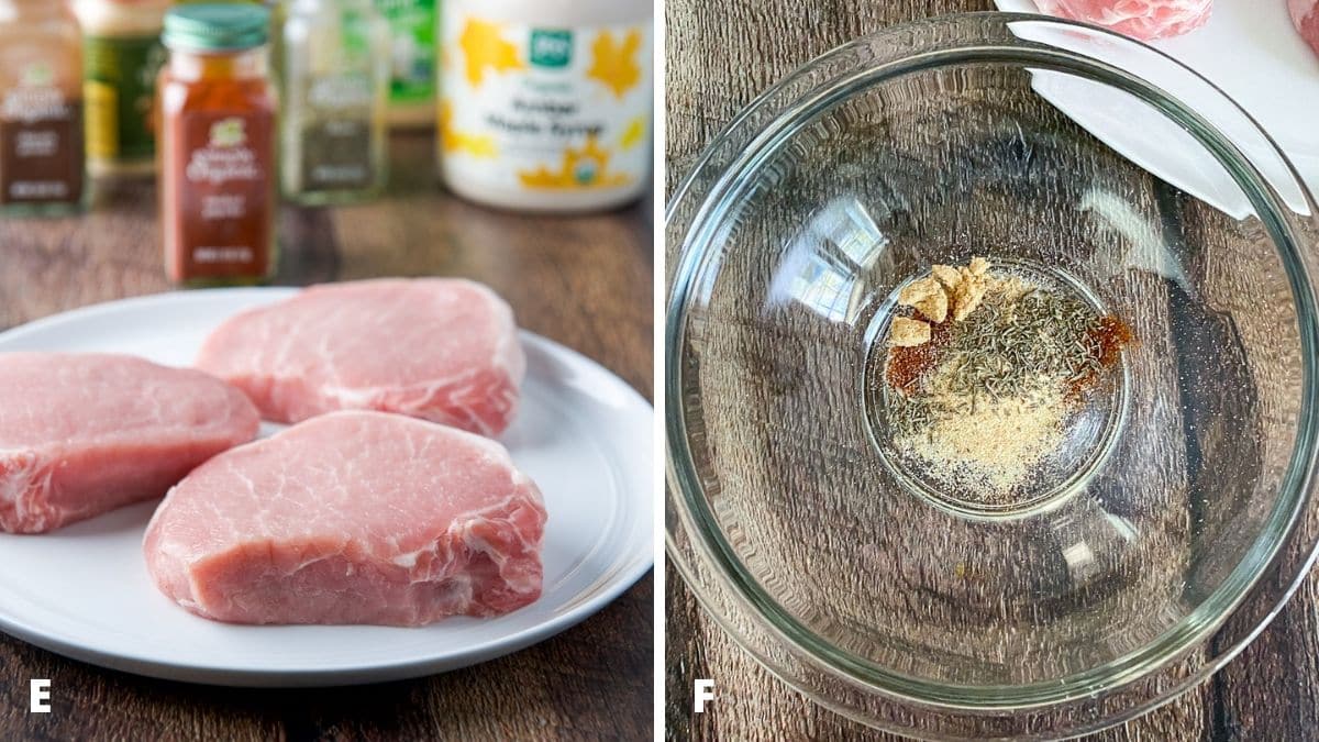 Left - 3 pork chops on a white plate with herbs and spices behind. Right - overhead view of herbs and spices in a bowl