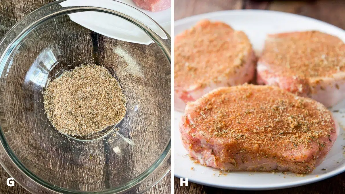 Left - herbs and spices mixed together. Right - rub mixture on the pork chops