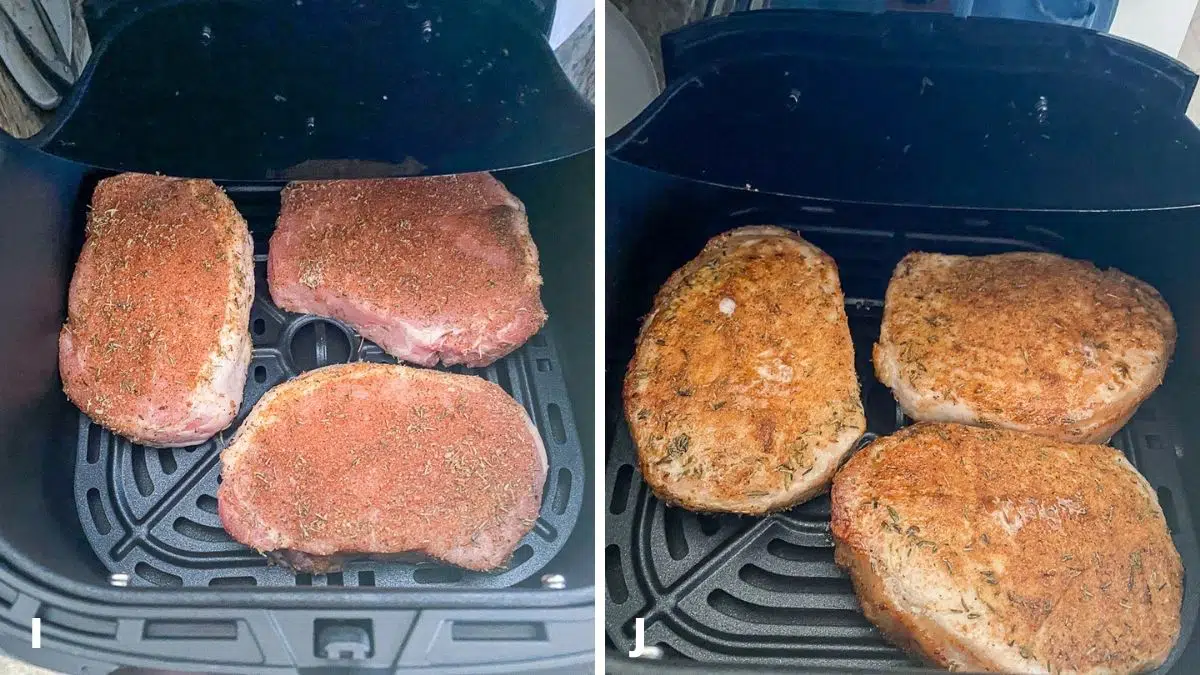 Left - pork chops in the air fryer. Right - pork chops done cooking but still in air fryer
