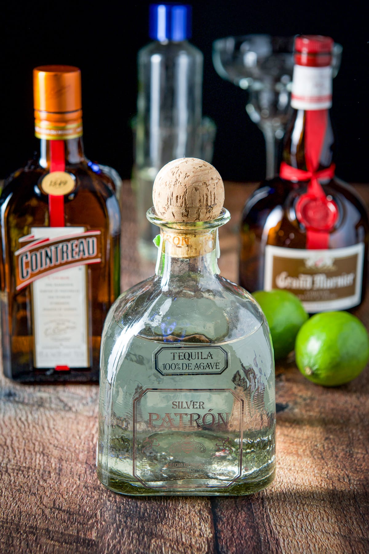 Tequila, Cointreau, limes, simple syrup, and grand marnier