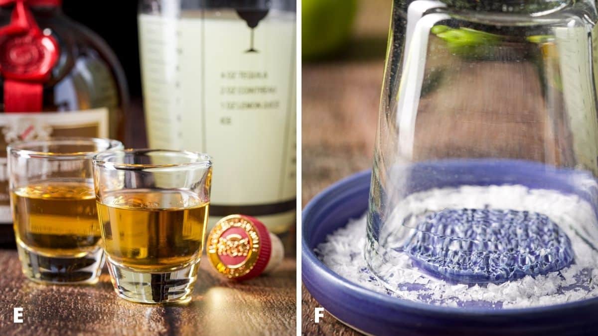 Grand Marnier measured out and salt in a blue plate with a glass upside down in it