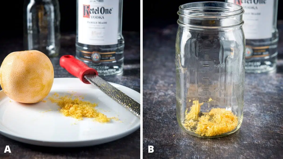 Left - a grapefruit zested on a white plate. Right - the grapefruit zest in a jar