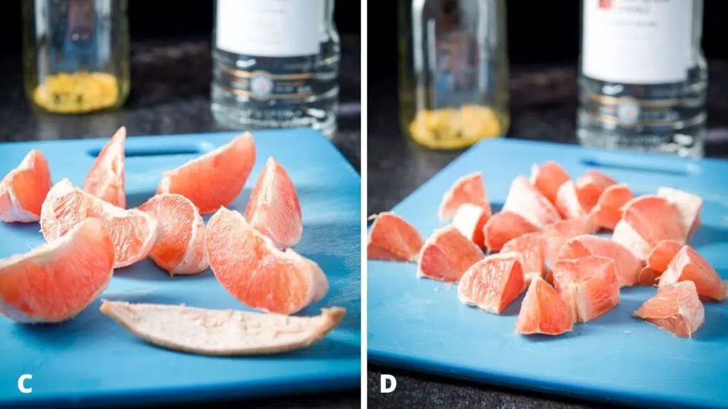Left - a grapefruit cut into 8 pieces Right - the 8 pieces cut into more pieces