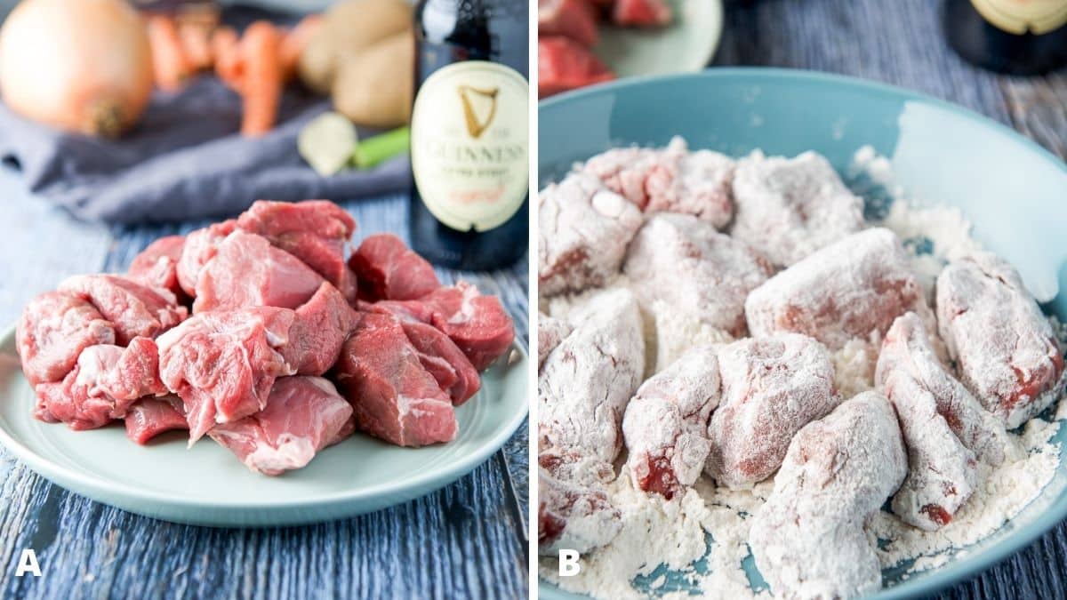 Left - a green plate with raw lamb, beer and veggies. Right - floured lamb in green deep dish