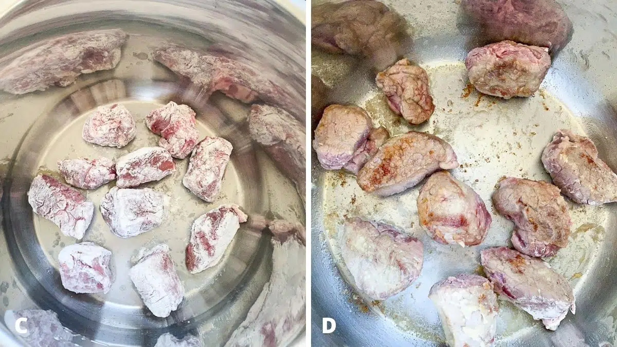 Left - overhead view of the floured lamb in the pot. Right - browned lamb