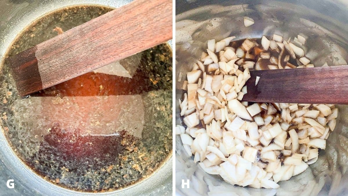 Left - beer added to the instant pot insert. Right - onion and garlic added to the beer