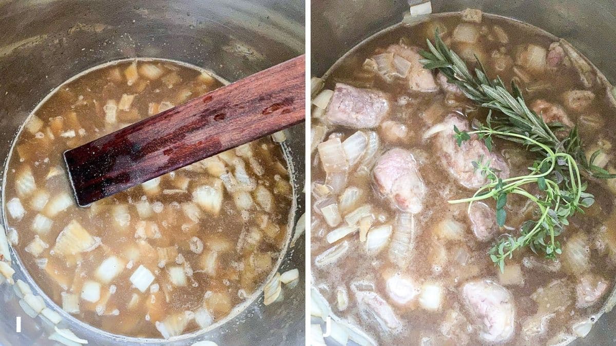 onion cooked in the beer. Right - lamb and fresh thyme and rosemary added to onion