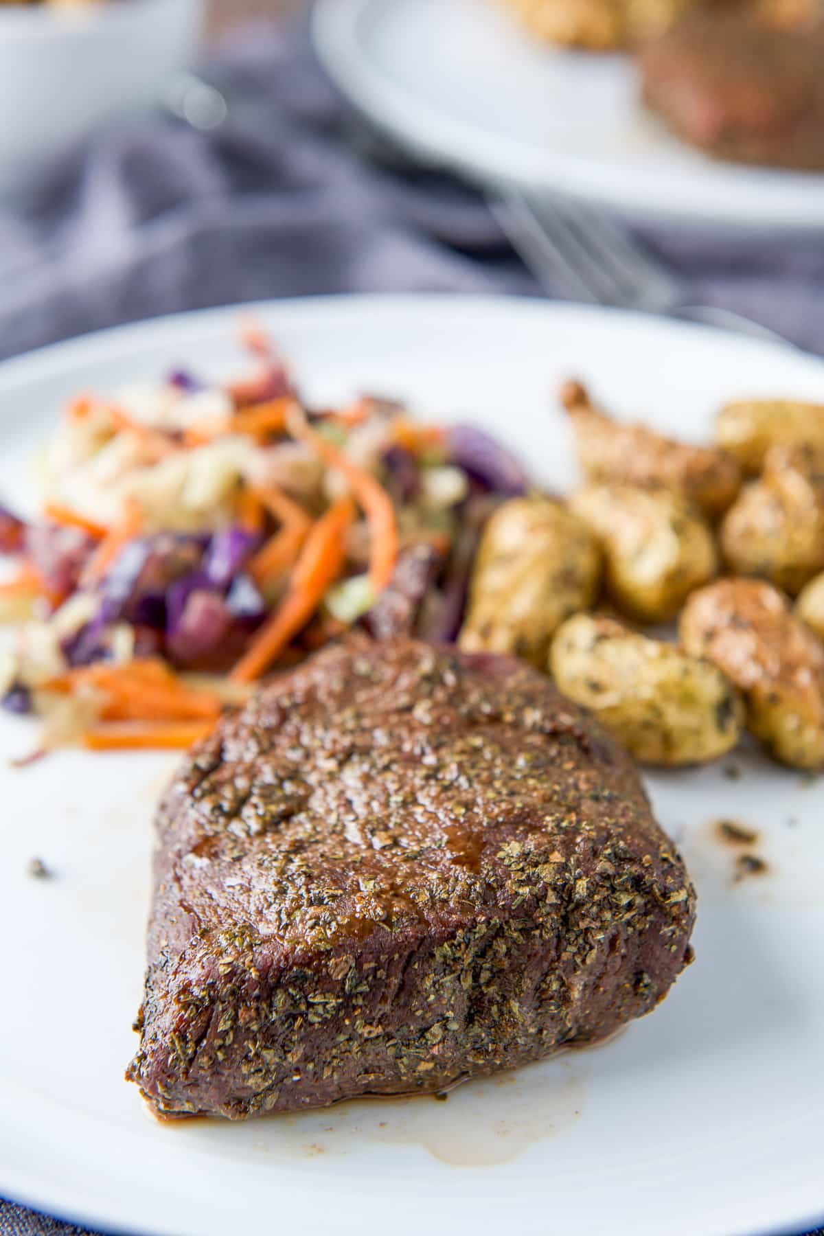 Close up of steak on a plate with veggie and potato