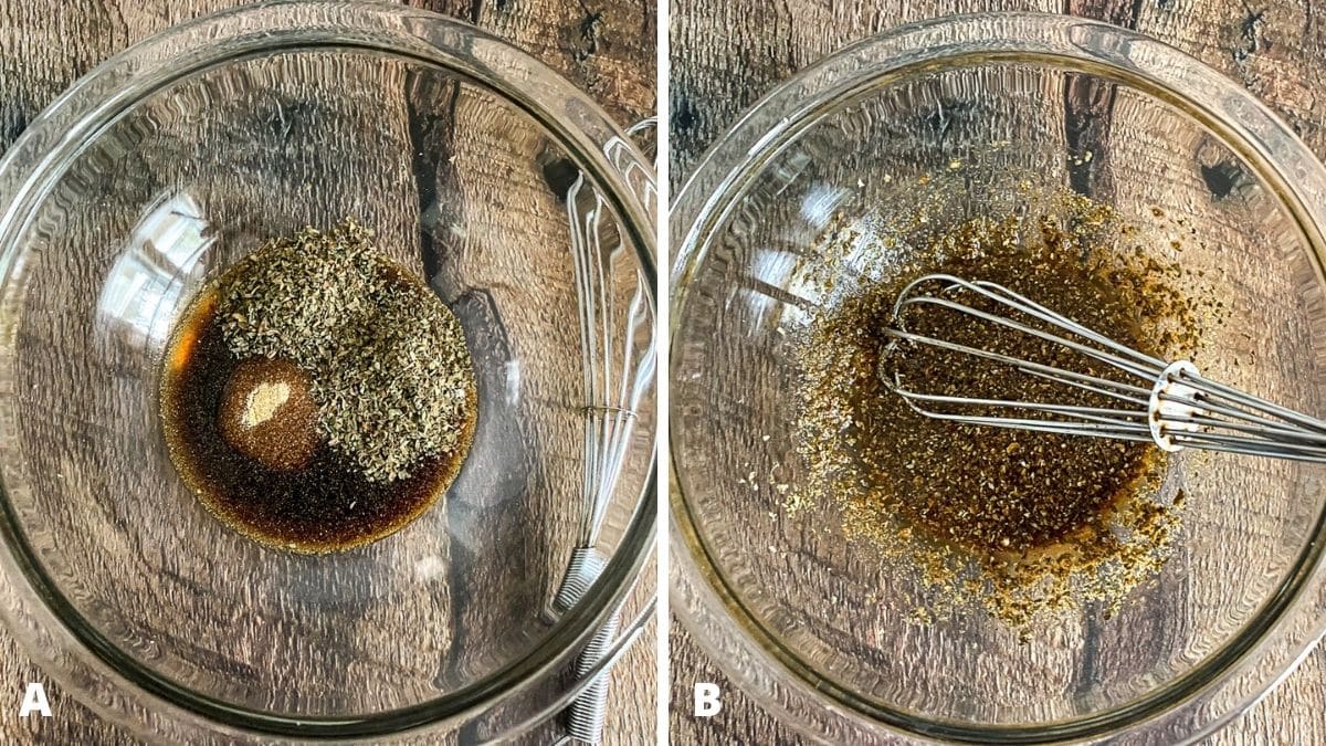 Left - ingredients for the marinade. Right - the marinade whisked together