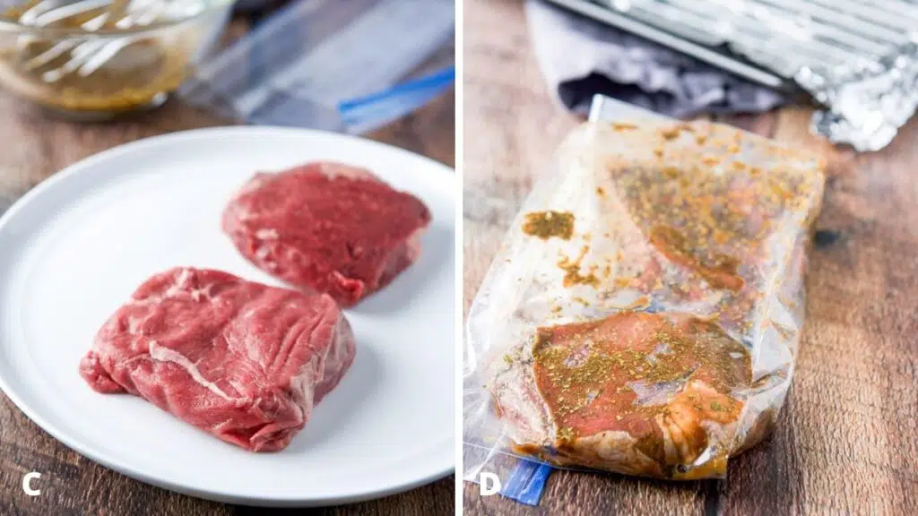 Left - a white plate with 2 pieces of steak. Right - a bag with the steaks and marinade in it