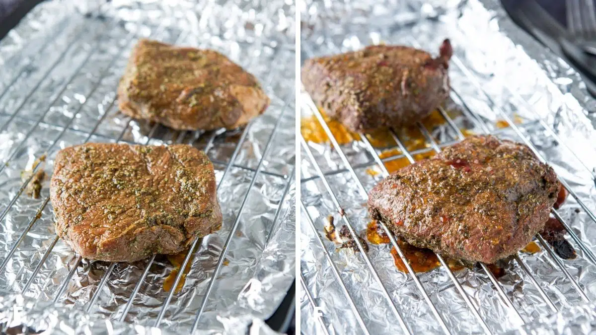 Left - 2 steaks on a rack over tin foil. Right - steak fresh out of the oven