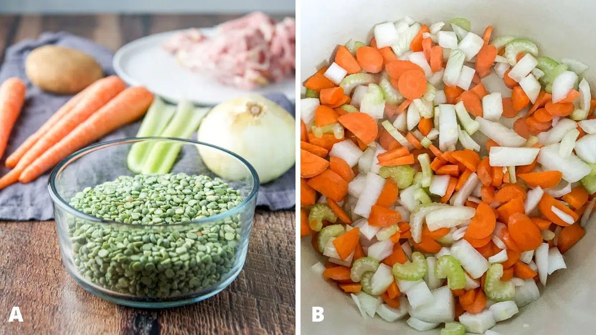 Left - split peas, onion, celery, carrots, potato and ham. Right - carrots, onion and celery in a pan