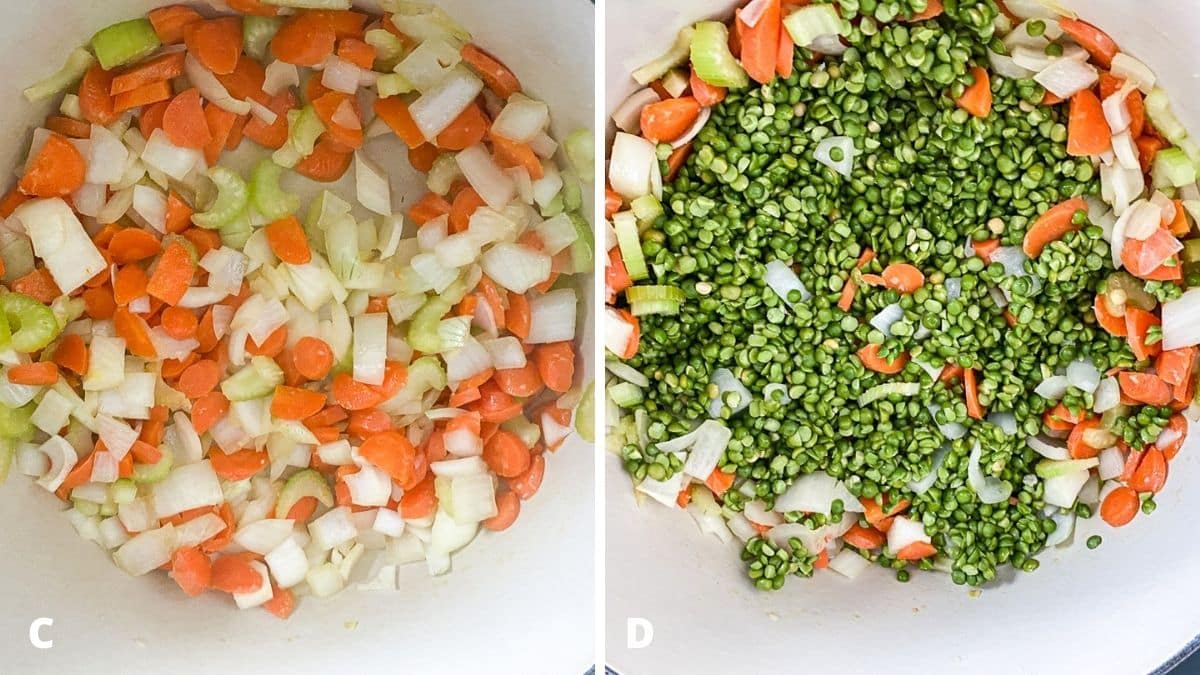 Left - vegetables saut&eacute;ed in a pan. Right - washed split peas in with the vegetables