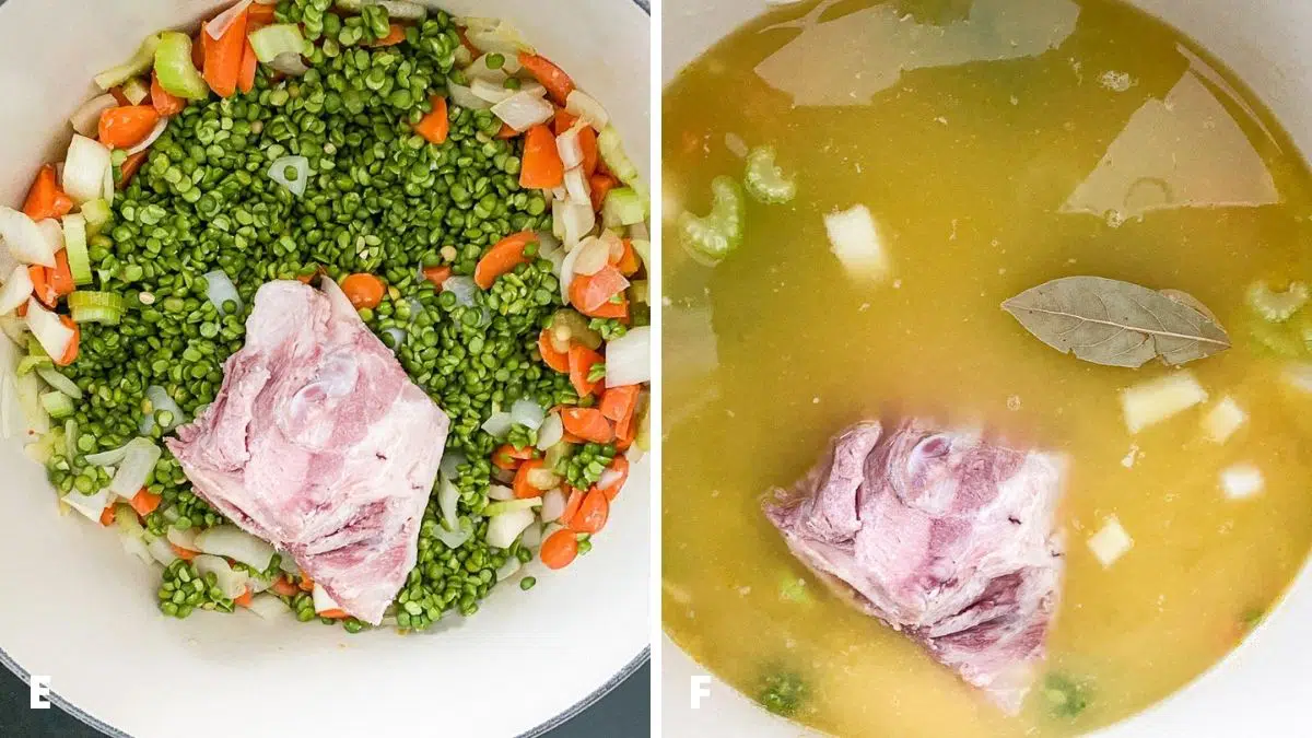Left - a ham bone in the pan with the peas. Right - broth and a bay leaf added to pan