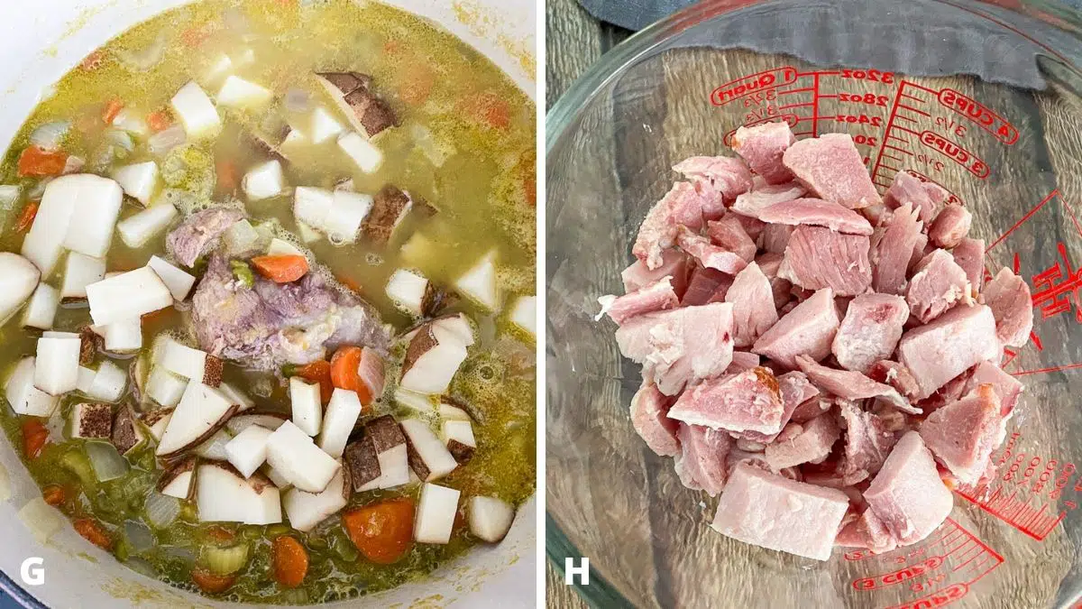 Left - potatoes added to the soup. Right - ham chopped