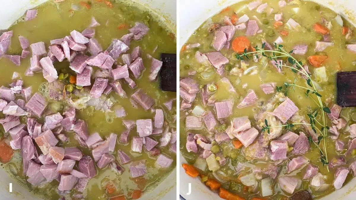 Ham and fresh thyme added to the soup