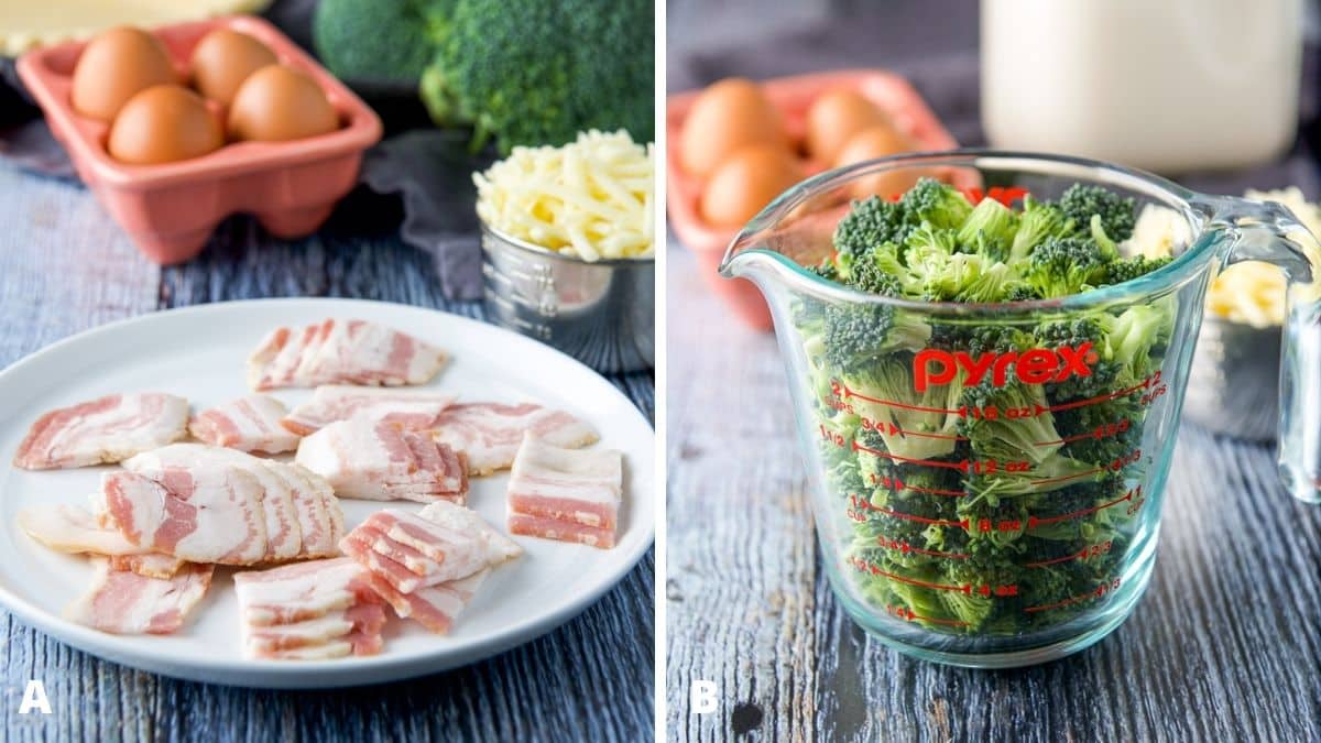 Left - bacon, cheddar cheese, eggs, and broccoli. Right - broccoli cut up in front of eggs, cheese and milk