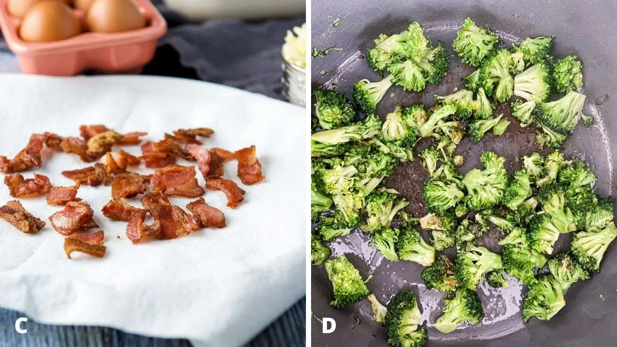 Left - bacon cooked and in pieces on a paper towel. Right - broccoli cooked in a pan