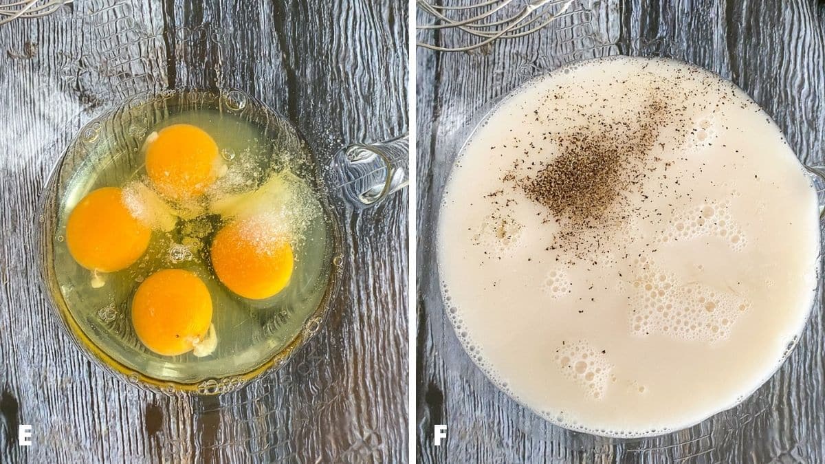 Left - eggs and salt in a glass bowl. Right - milk and pepper added to the eggs.
