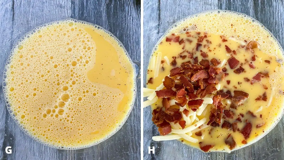 Left - eggs and milk whisked together in a glass bowl. Right - bacon and cheese added to eggs