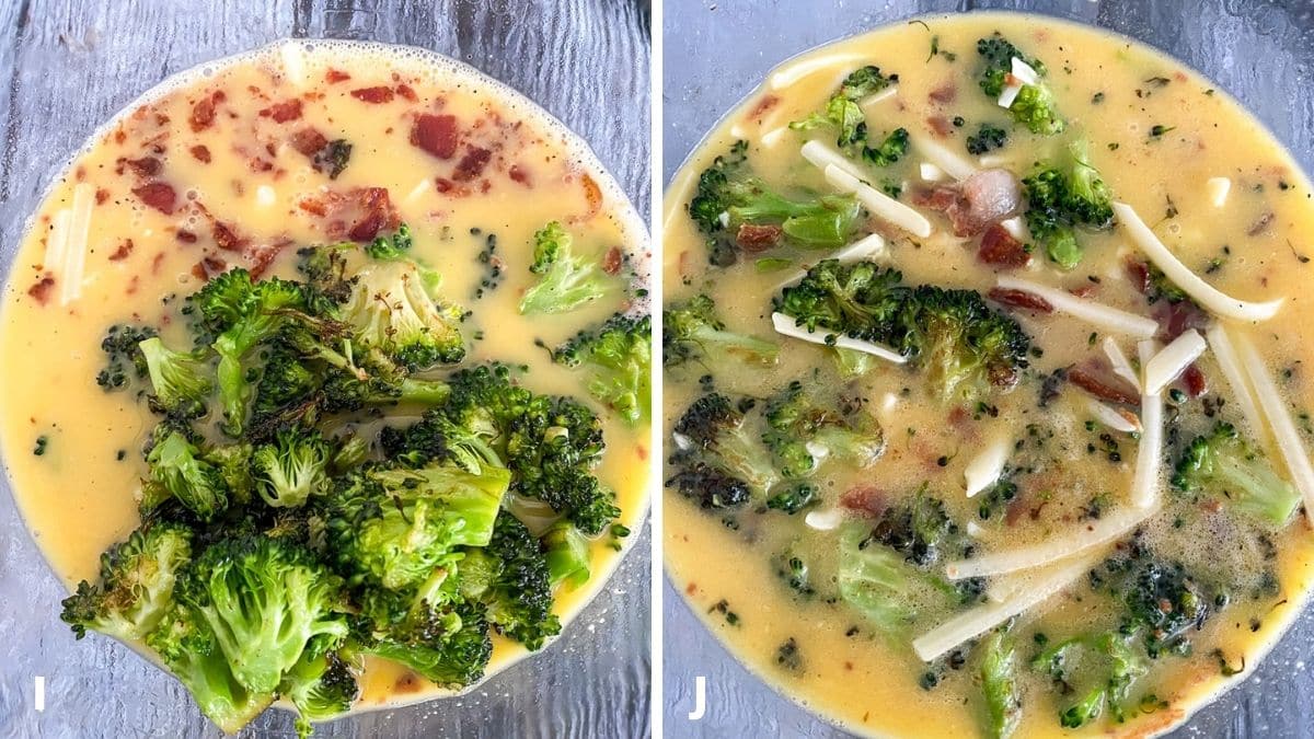 Left - saut&eacute;ed broccoli added to egg mixture. Right - egg mixture combined together