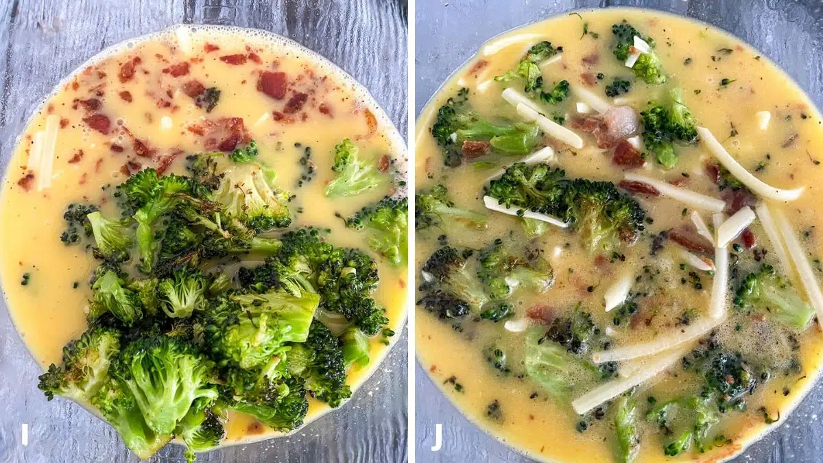 Left - sautéed broccoli added to egg mixture. Right - egg mixture combined together