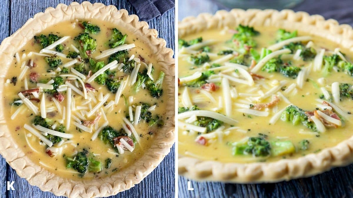 Overhead and 45 degree view of egg mixture in raw pie crust