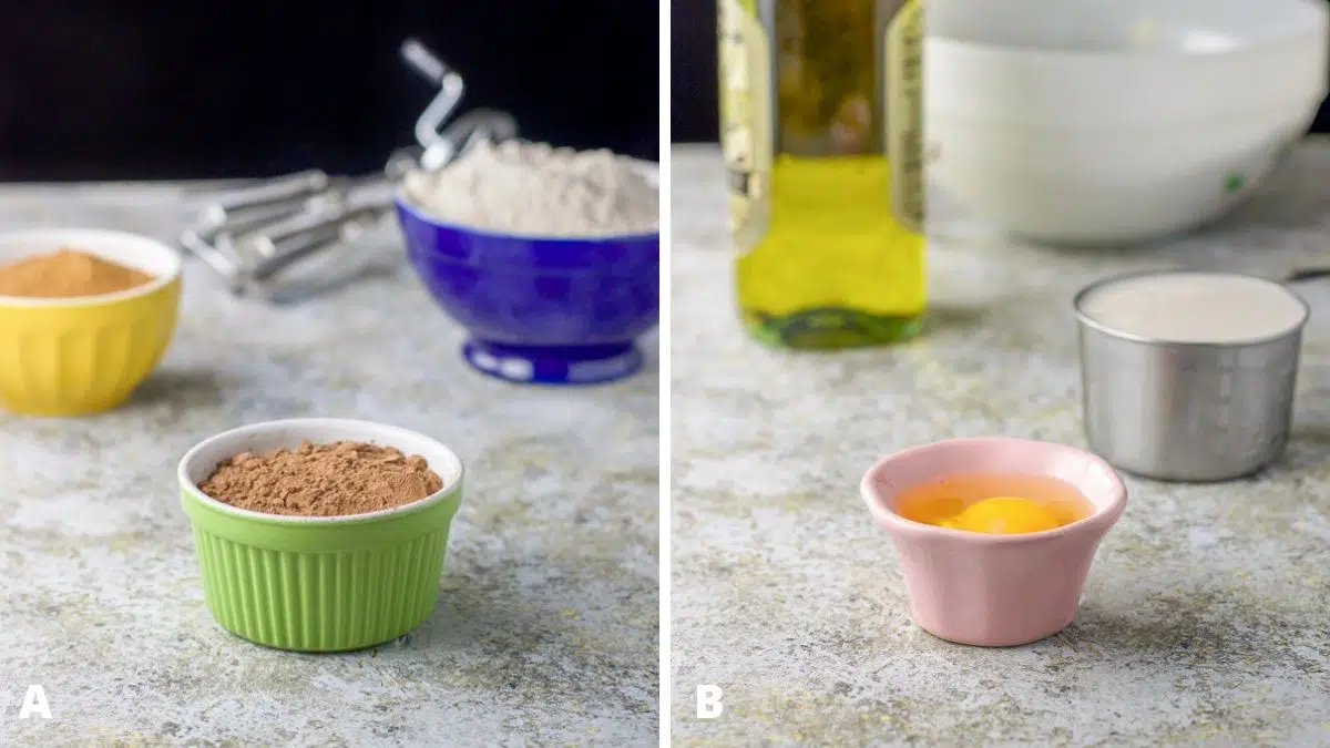 Left - cocoa powder, flour and sugar. Right - egg, milk, oil and a bowl