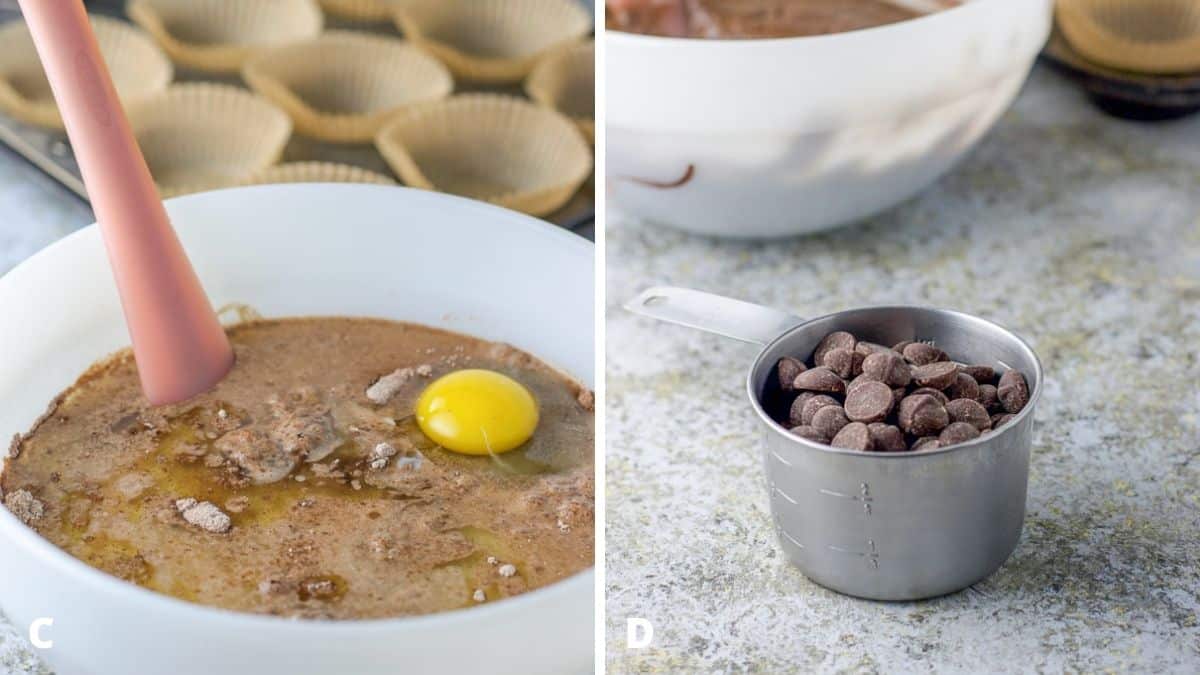 Left - All the muffin ingredients in a white bowl with a muffin tin in the back. Right - chocolate chips in a measuring cup with the bowl in the back