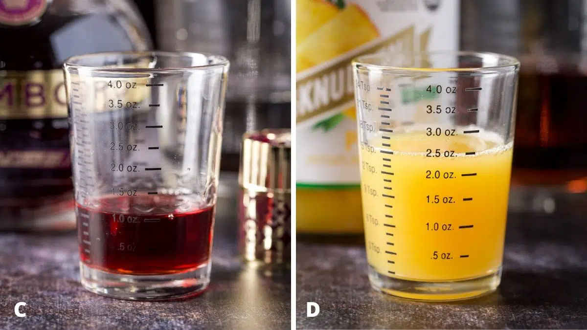 Chambord and pineapple juice measured out
