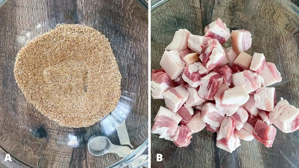 Left - all the herbs and spices in a glass bowl. Right - cut pork bellies in a bowl