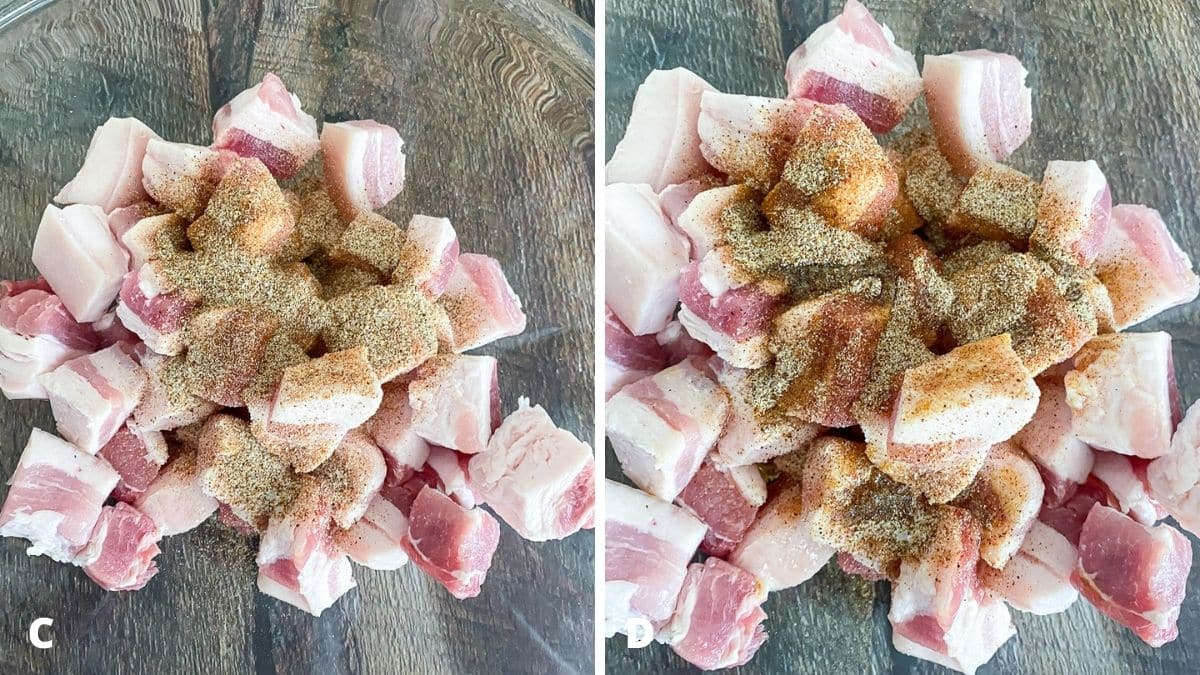 Left - mixed spices on the pork belly. Right - oil and maple syrup added to the pork bellies