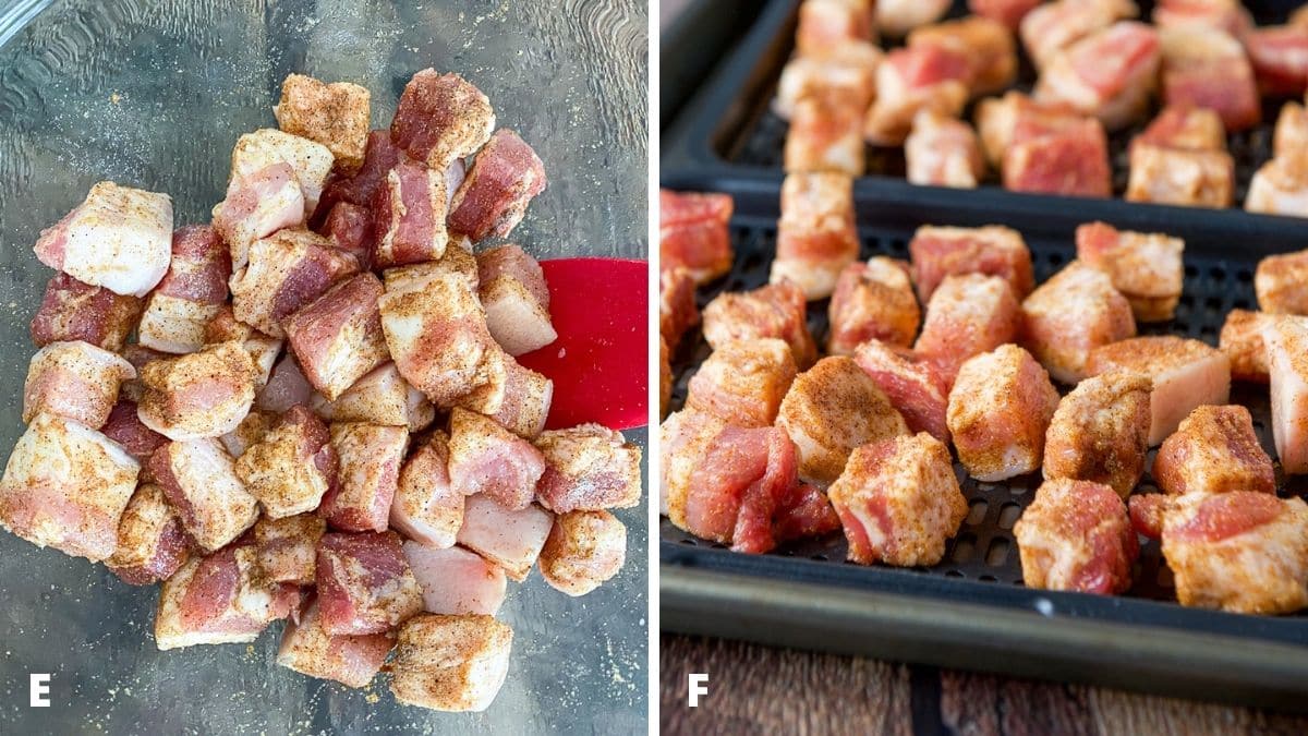 Left - herbs and spices mixed with the pork belly. Right - two trays filled with raw pork belly chunks