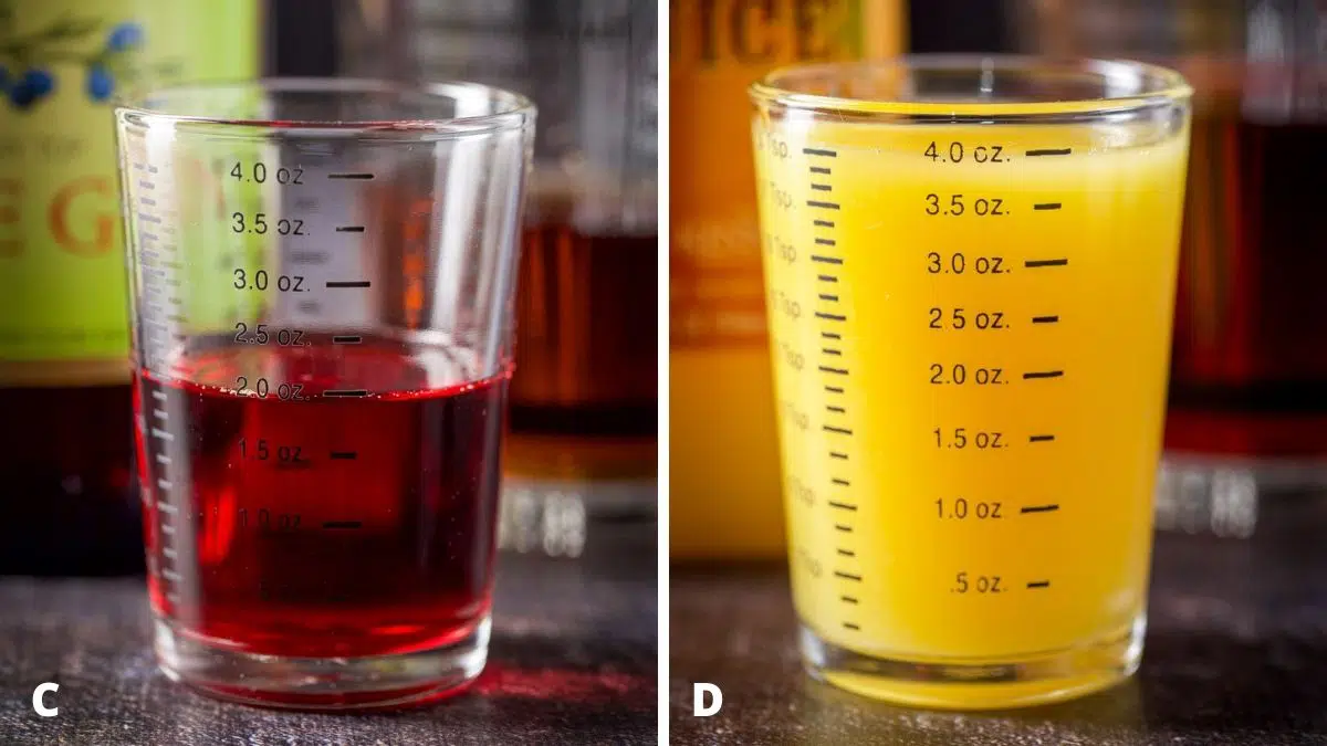 Sloe gin and orange juice measured out