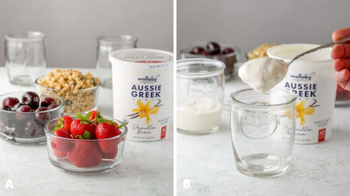 Left - strawberries, cherries, yogurt, granola and glassware. Right - A spoonful of yogurt held over a glass