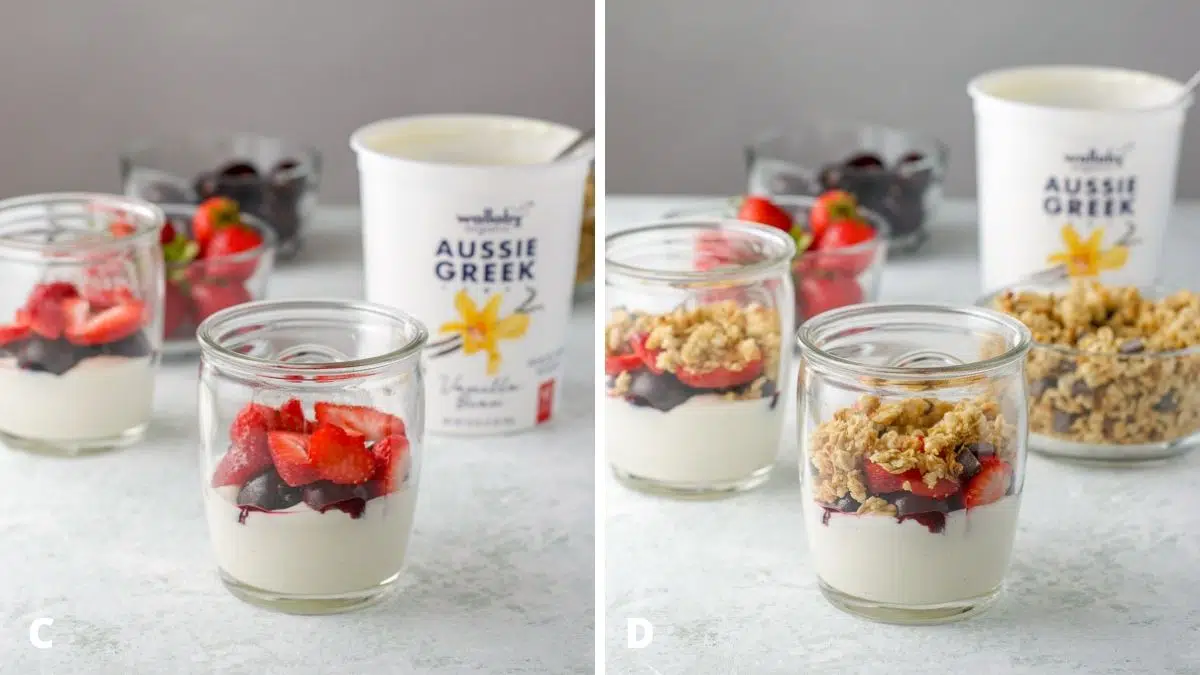 Left - cut strawberries and cherries on the yogurt. Right, granola sprinkled on the fruit