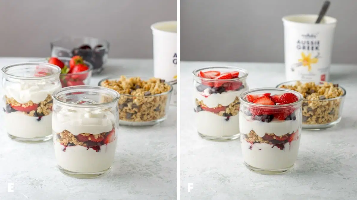 Left - yogurt spooned on the granola. Right - fruit spooned on the yogurt