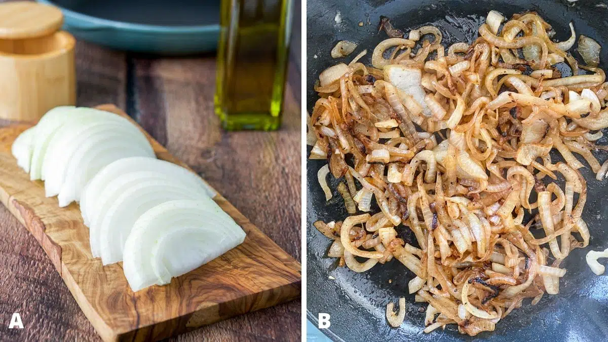 Left - A board with sliced onion, salt, oil and a pan. Right - onions sauteed in a pan