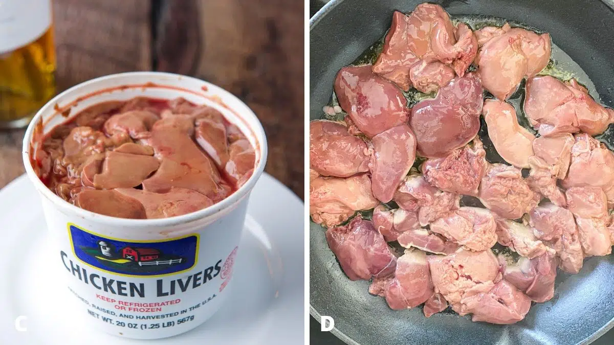 Left - a white container with livers in it. Right - oil and butter in a pan with raw livers