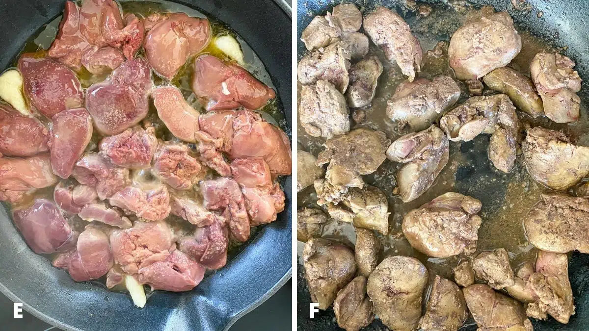 Left - garlic added to the livers in a pan. Right - the livers cooked in cognac