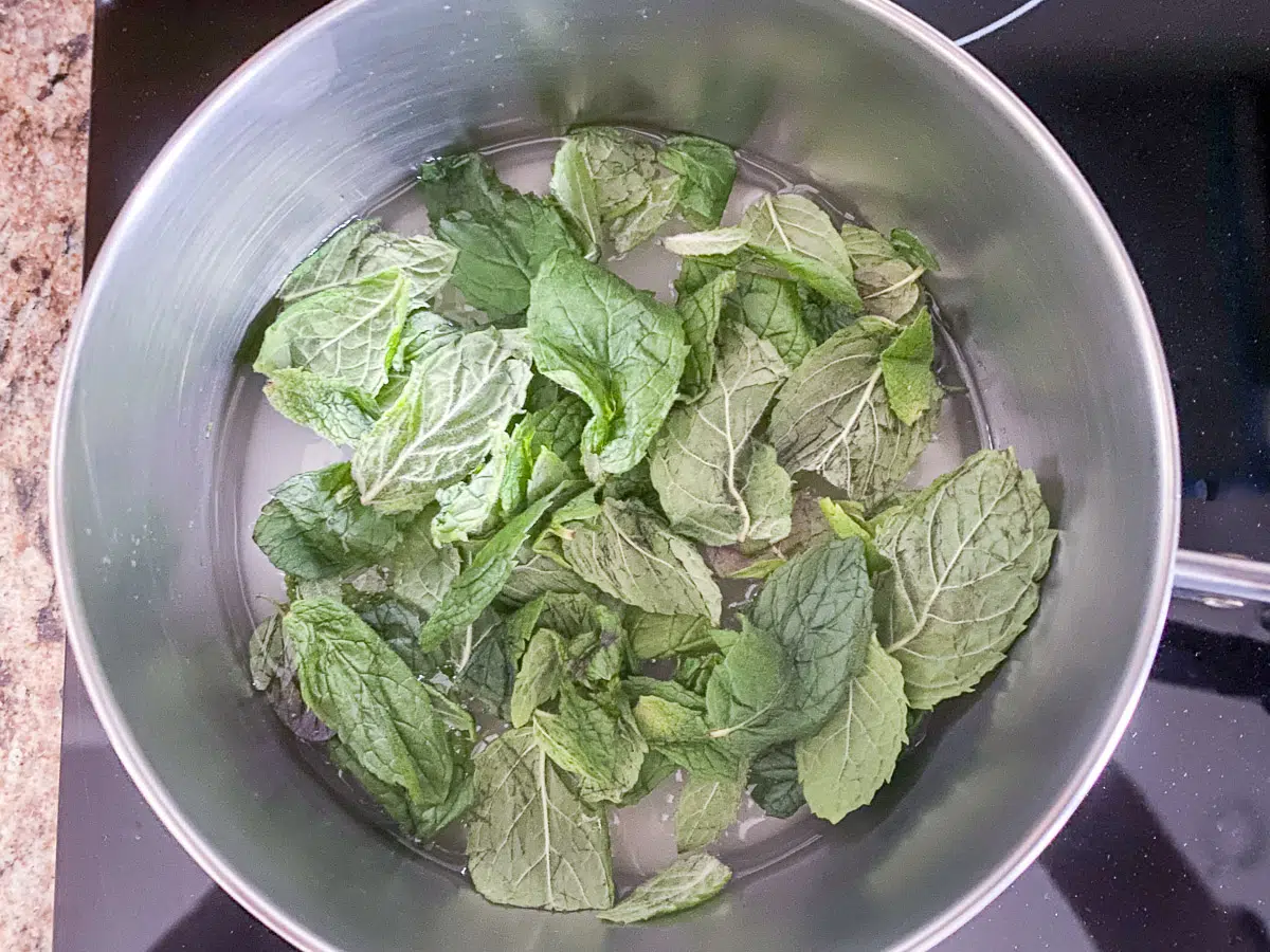 bruised mint leaves in pan with water and sugar