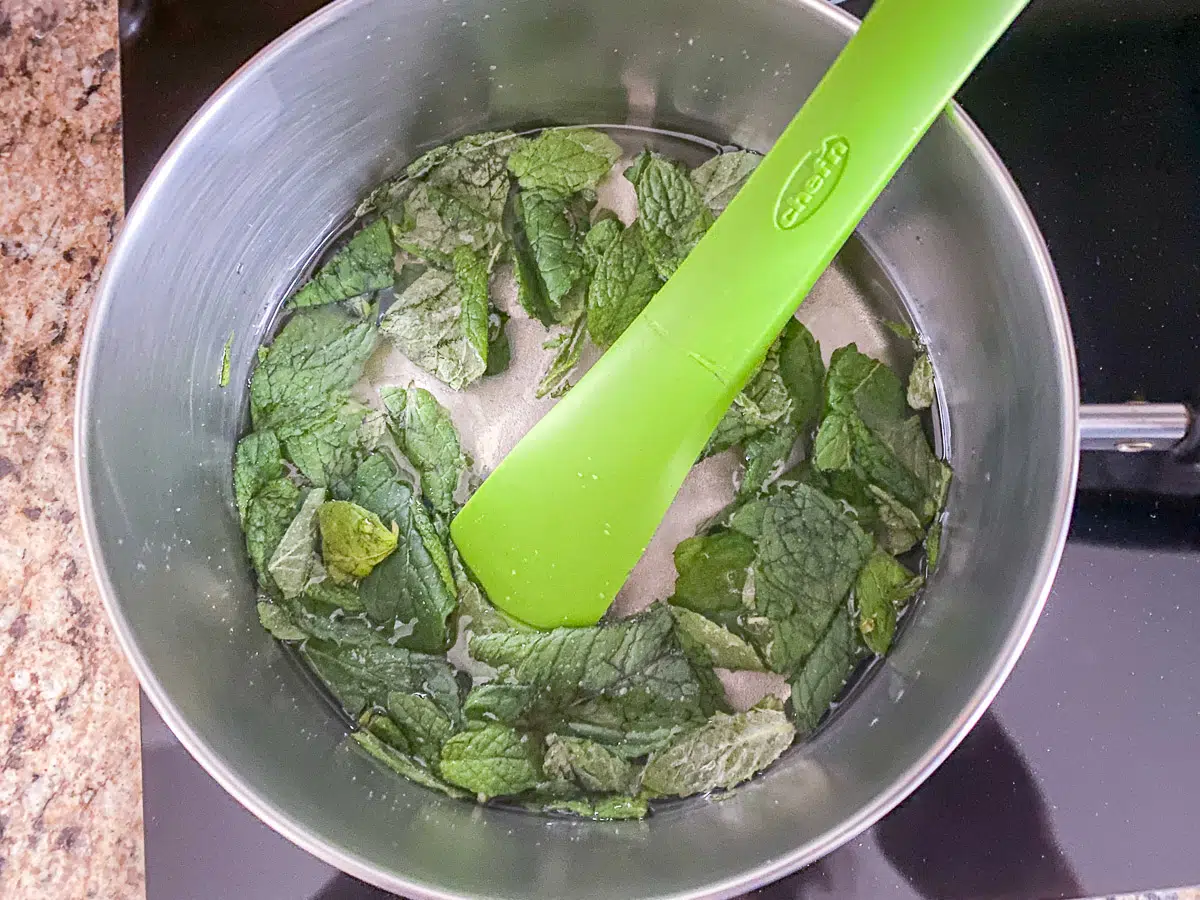 mint leaves heating in sugar water