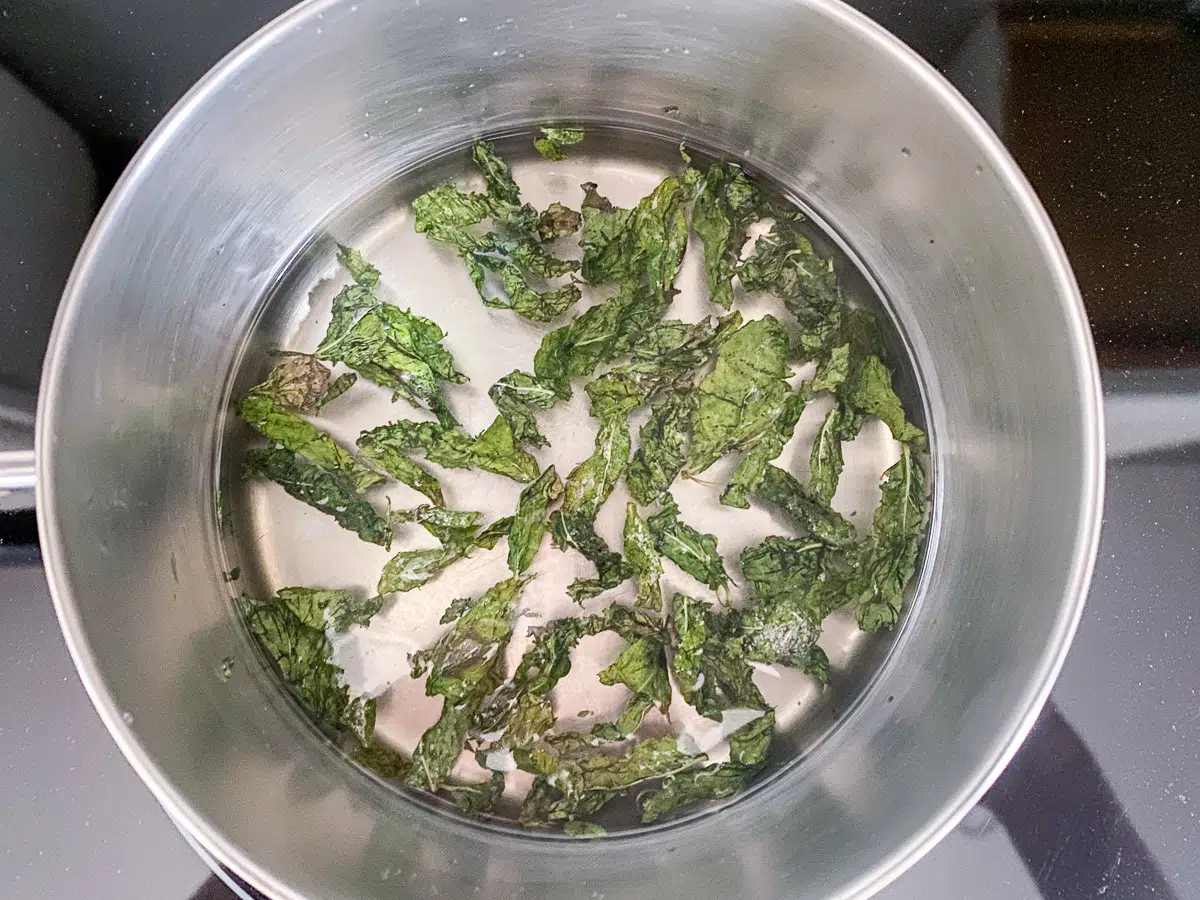 The mint syrup with the leaves cooling in the pan