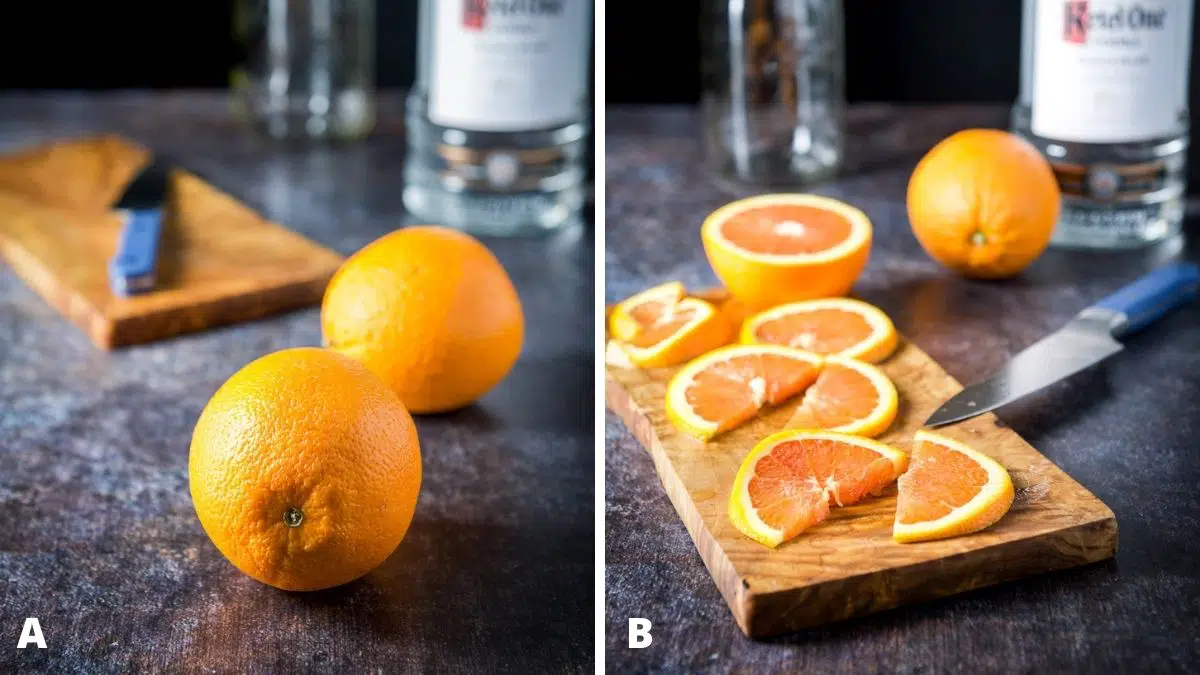 Left - oranges in front of vodka and cutting board. Right - cut orange slices on the board with an orange and vodka in back