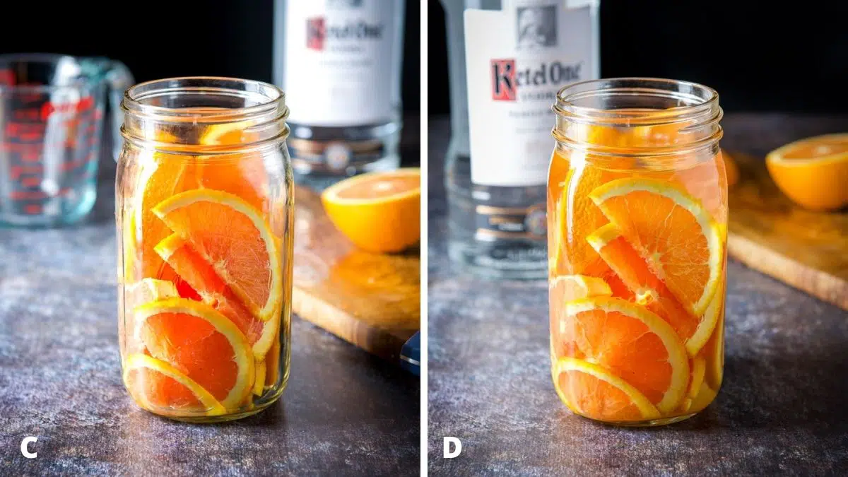Left - sliced oranges in jar with vodka in the back. Right - vodka poured into the jar